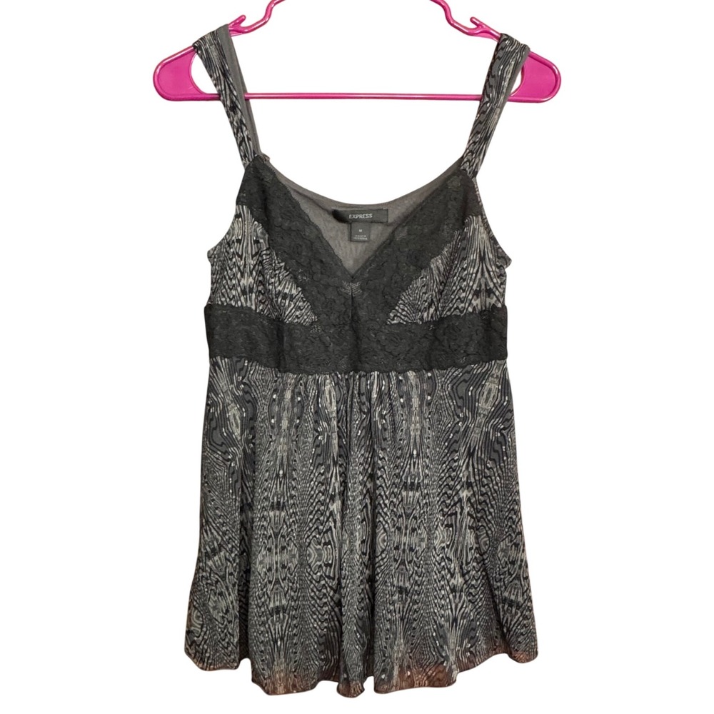 VTG Express Grey Black Abstract Mesh Lace Trim Babydoll Cami Top M Y2K Club Rave